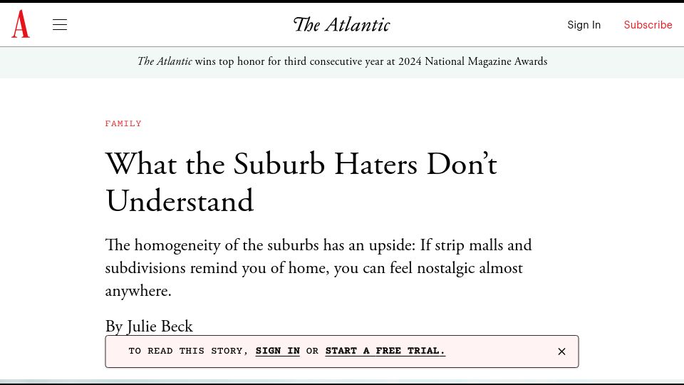 Screenshot of theatlantic.com: What the Suburb Haters Don't Understand