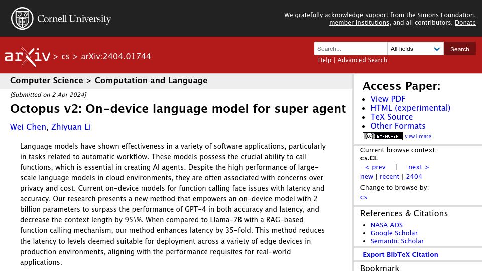 Screenshot of arxiv.org: Octopus v2: On-device language model for super agent