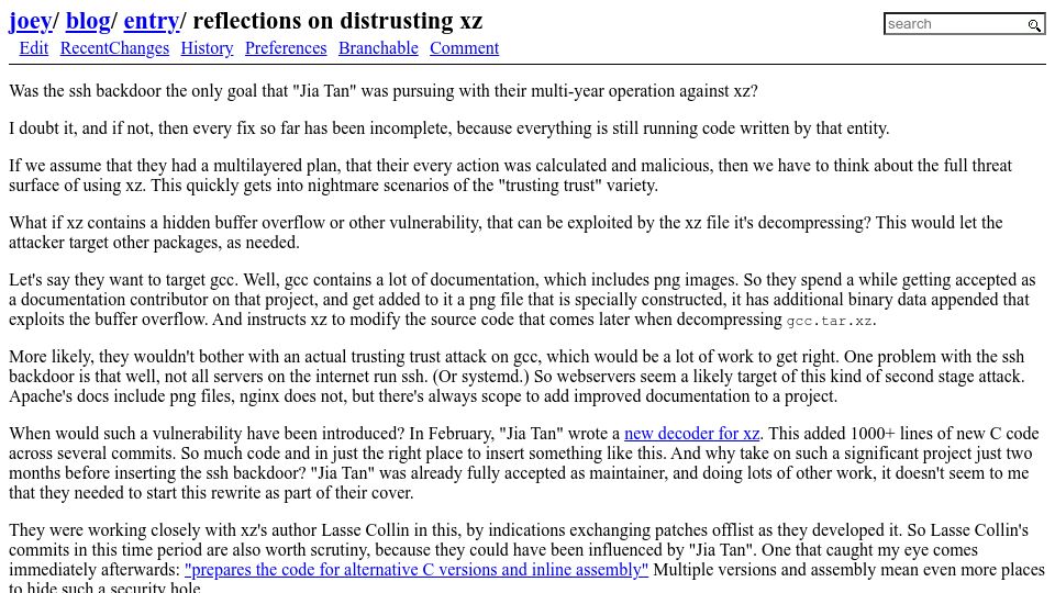 Screenshot of joeyh.name: Reflections on Distrusting xz
