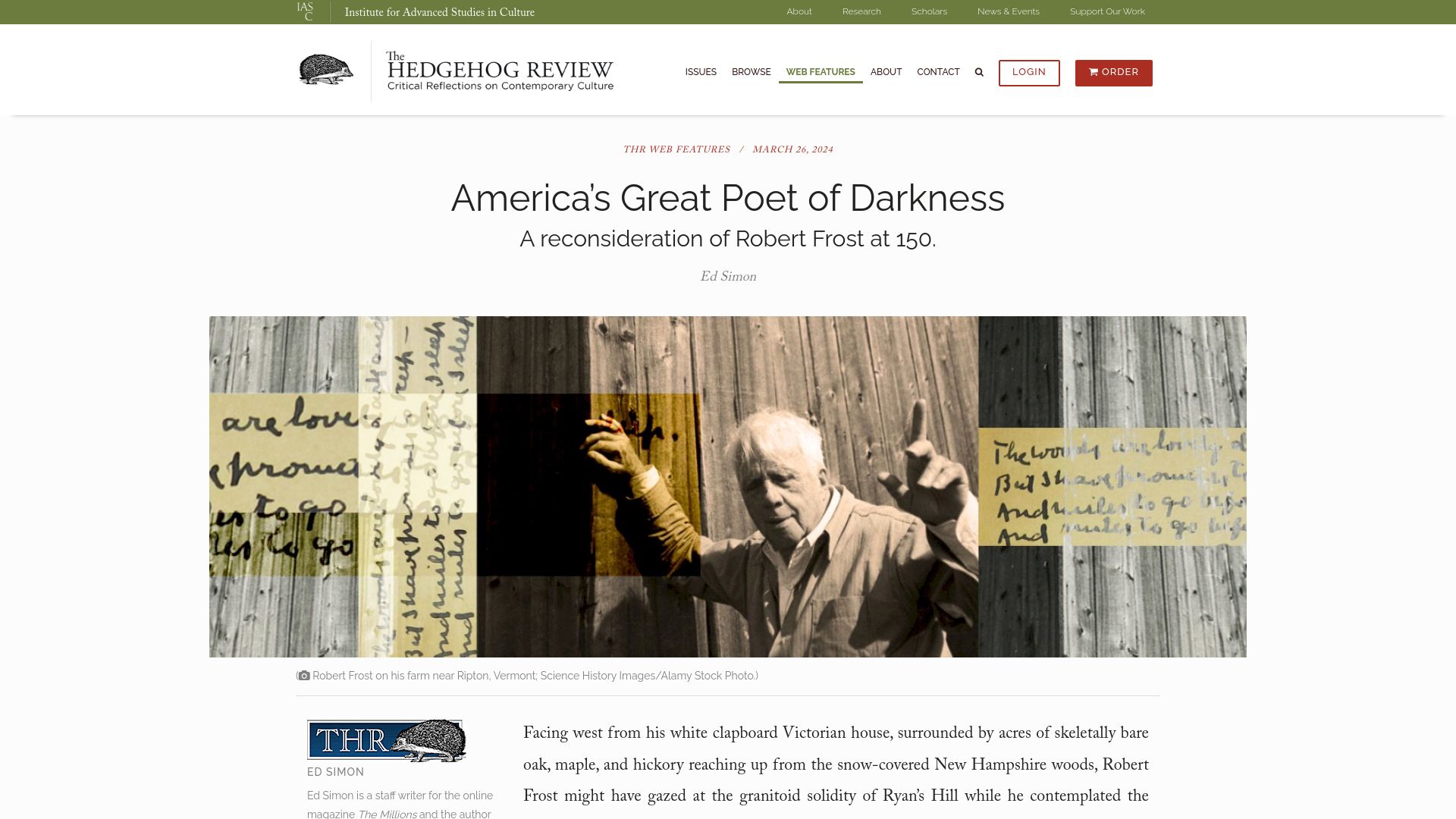 Screenshot of hedgehogreview.com: America's Great Poet of Darkness: A Reconsideration of Robert Frost at 150