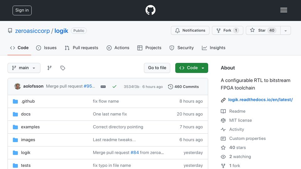 Screenshot of github.com: Logik: Open-source FPGA toolchain by Zero ASIC