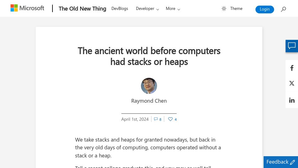 Screenshot of devblogs.microsoft.com: Subroutine calls in the ancient world, before computers had stacks or heaps