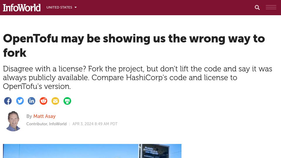 Screenshot of infoworld.com: OpenTofu may be showing us the wrong way to fork