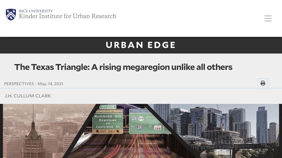 Screenshot of kinder.rice.edu: The Texas Triangle: A rising megaregion unlike all others