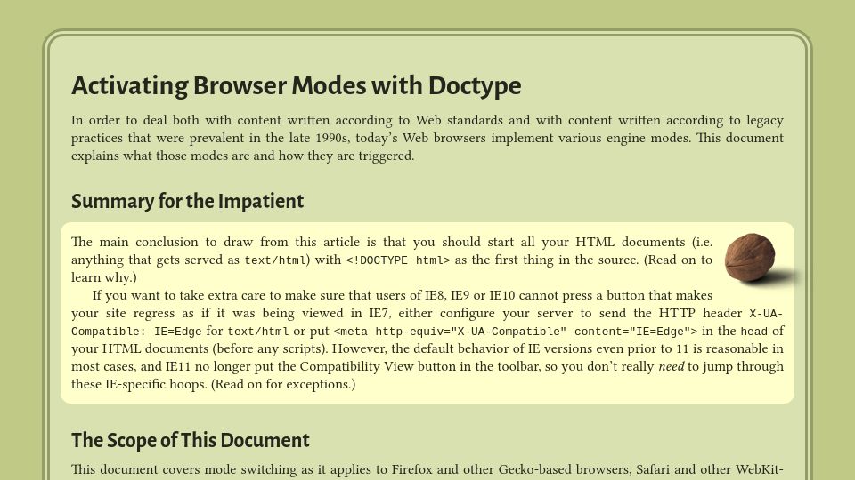 Screenshot of hsivonen.fi: Activating Browser Modes with Doctype