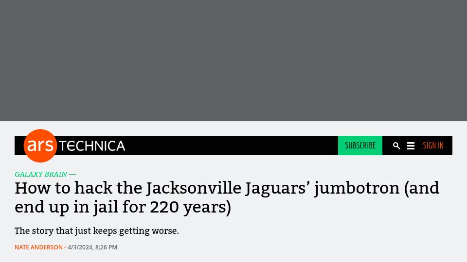 Screenshot of arstechnica.com: How to hack the Jacksonville Jaguars' jumbotron