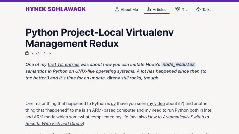 Screenshot of hynek.me: Python Project-Local Virtualenv Management Redux