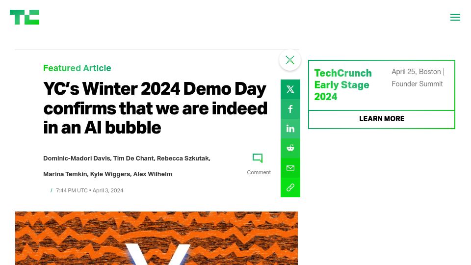 Screenshot of techcrunch.com: YC's Winter 2024 Demo Day confirms that we are indeed in an AI bubble