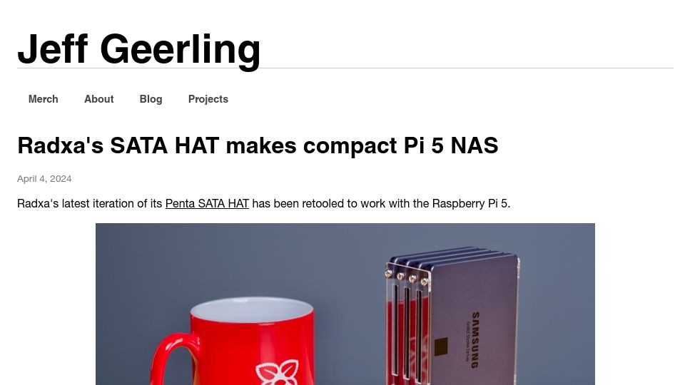 Screenshot of jeffgeerling.com: Radxa's SATA HAT makes compact Pi 5 NAS