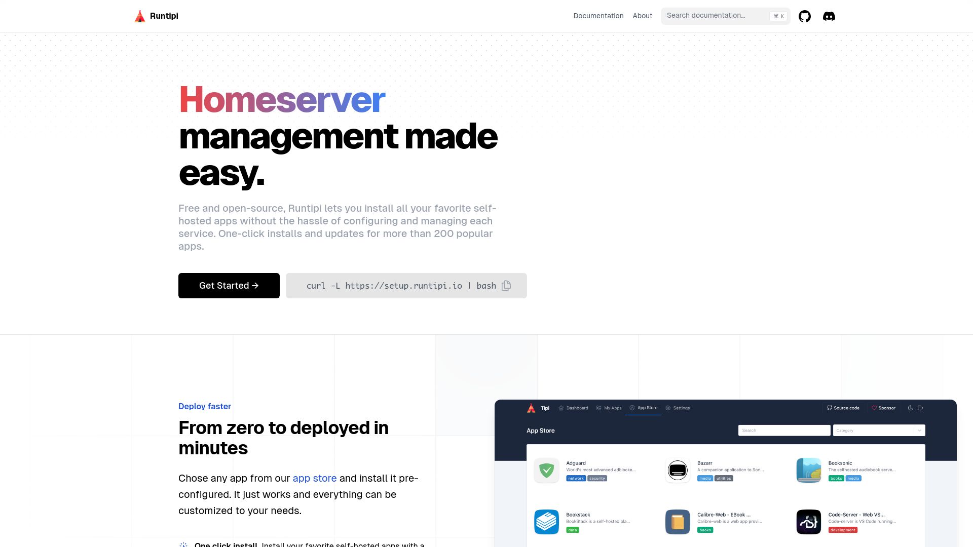 Screenshot of runtipi.io: Runtipi: Docker-based home server management