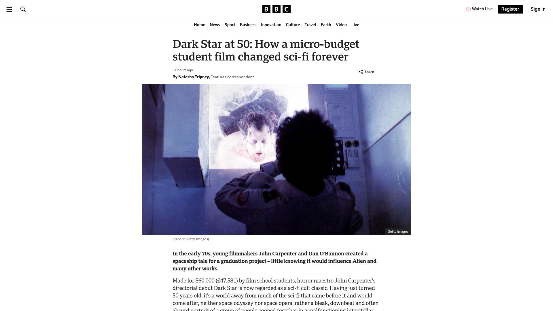 Screenshot of bbc.com: Dark Star at 50: How a micro-budget student film changed sci-fi forever