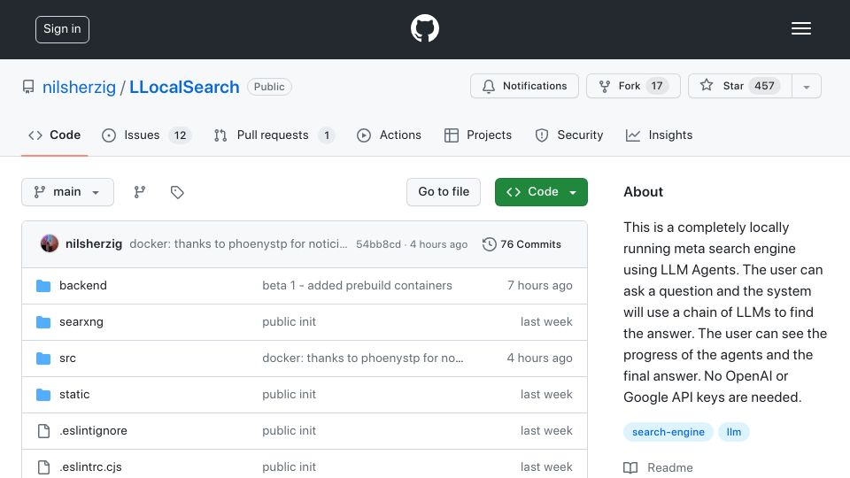 Screenshot of github.com: Show HN: I've built a locally running Perplexity clone