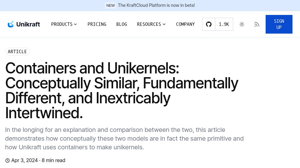 Screenshot of unikraft.io: Containers and Unikernels: Similar, different, and intertwined