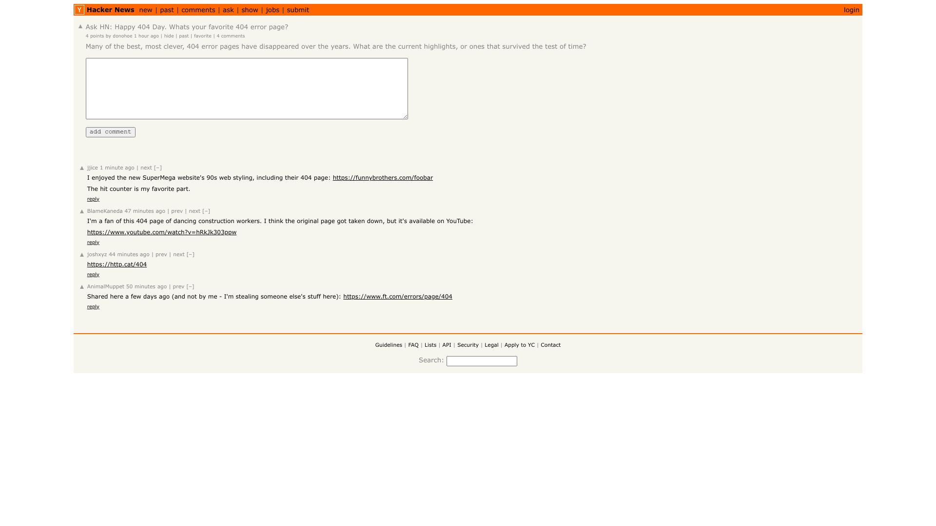 Screenshot of this Hacker News post: Ask HN: Happy 404 Day. Whats your favorite 404 error page?