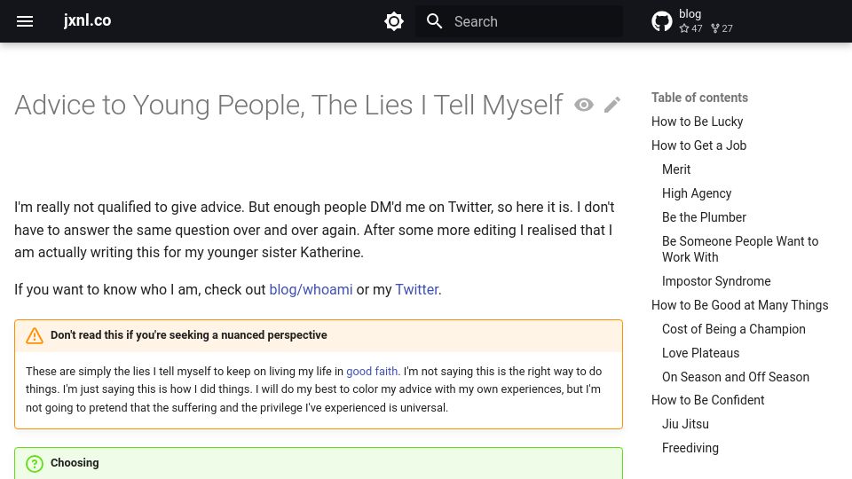 Screenshot of jxnl.co: Advice to young people, the lies I tell myself