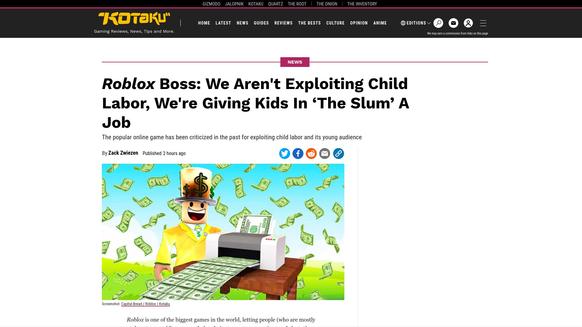Screenshot of kotaku.com: Roblox Boss: We Don't Exploit Child Labor, We're Giving Kids in "The Slum" a Job