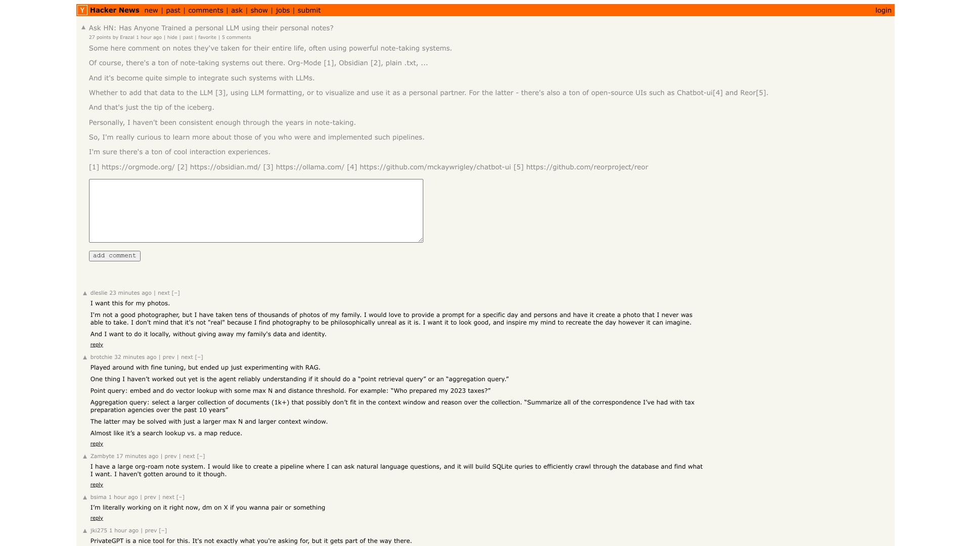 Screenshot of this Hacker News post: Ask HN: Has Anyone Trained a personal LLM using their personal notes?
