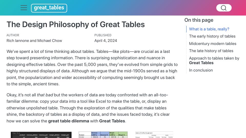 Screenshot of posit-dev.github.io: The design philosophy of Great Tables