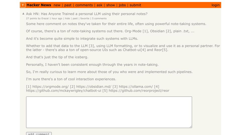 Screenshot of Hacker News post: Ask HN: Has Anyone Trained a personal LLM using their personal notes?
