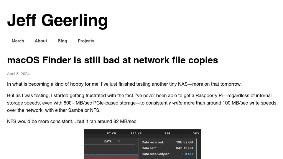 Screenshot of jeffgeerling.com: macOS Finder is still bad at network file copies