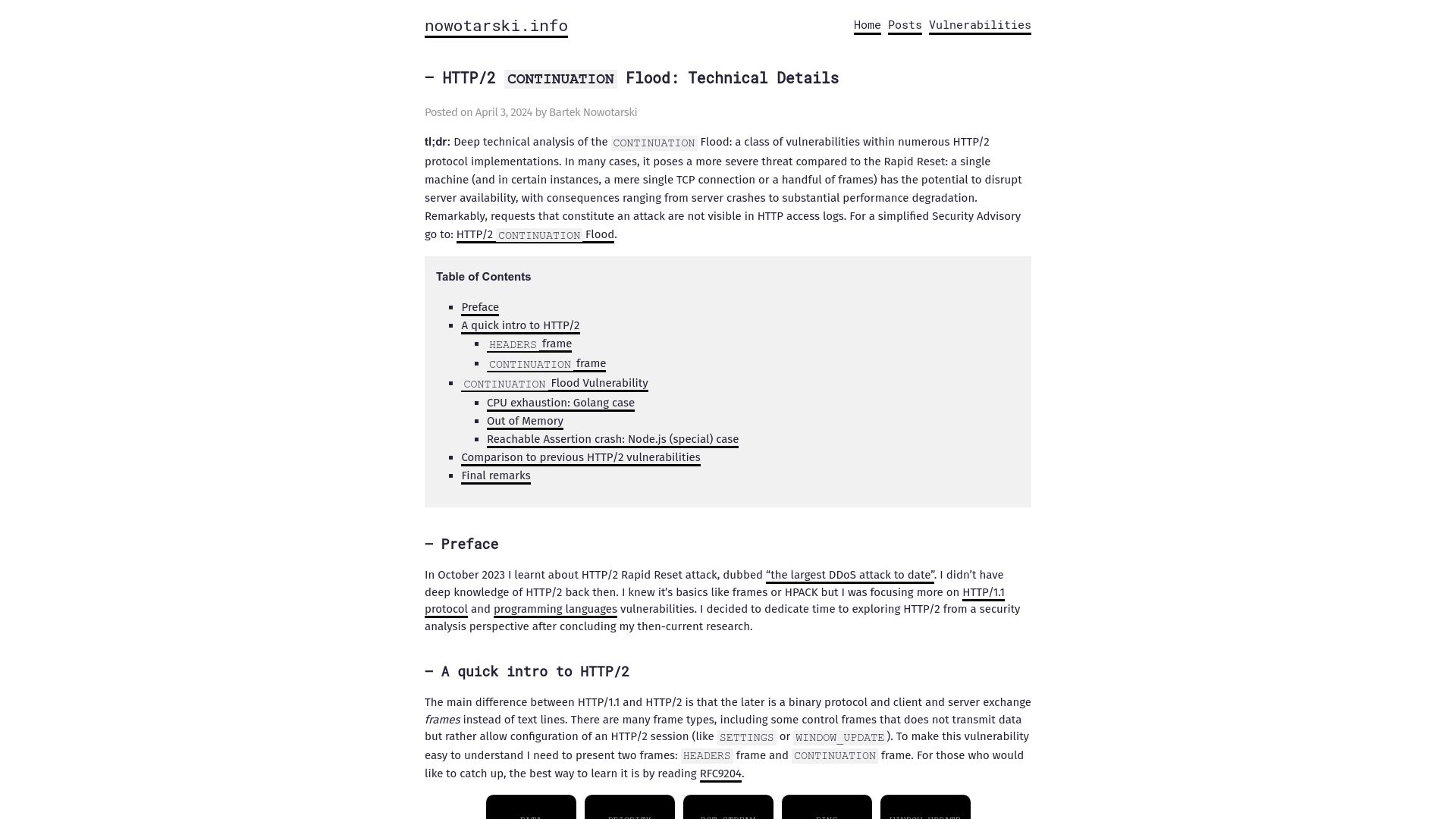 Screenshot of nowotarski.info: HTTP/2 Continuation Flood: Technical Details