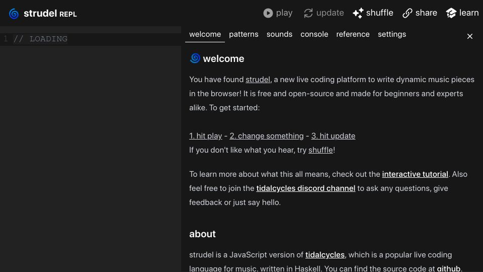 Screenshot of strudel.cc: Strudel: A live coding platform to write dynamic music pieces in the browser