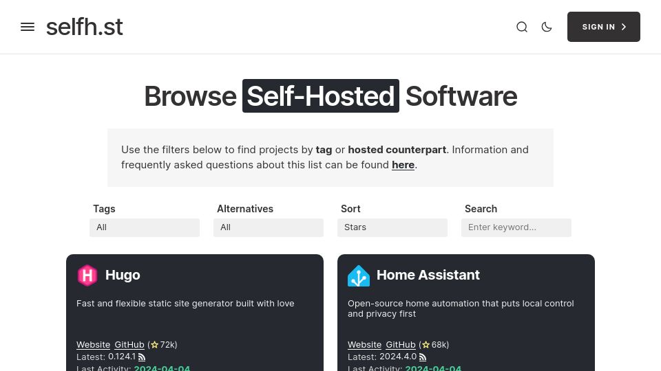 Screenshot of selfh.st: Browse Self-Hosted Software