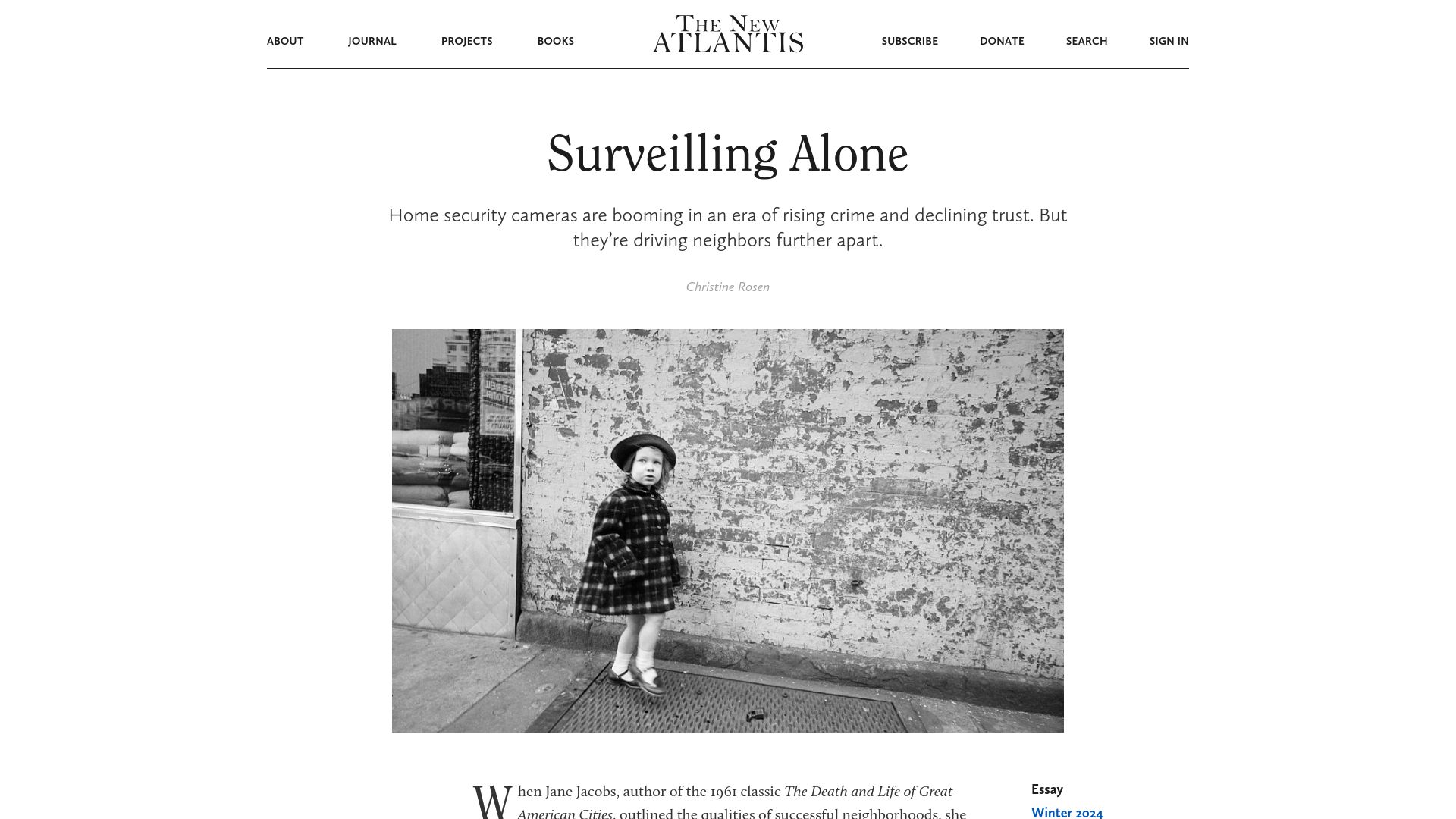 Screenshot of thenewatlantis.com: Surveilling Alone