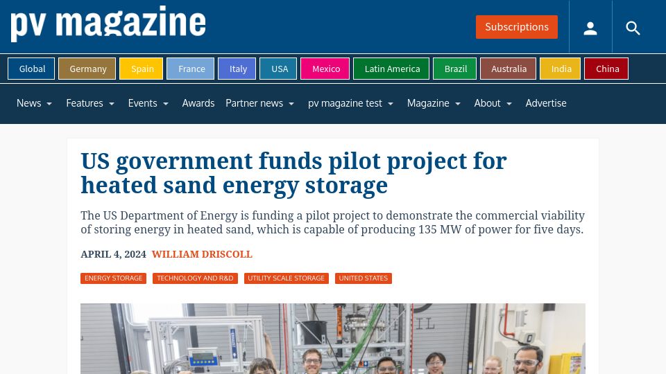 Screenshot of pv-magazine.com: US Government funds pilot project for heated sand energy storage