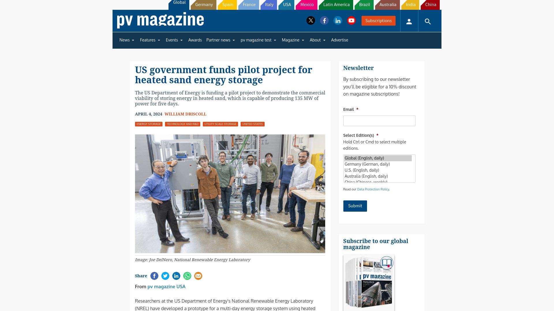 Screenshot of pv-magazine.com: US Government funds pilot project for heated sand energy storage
