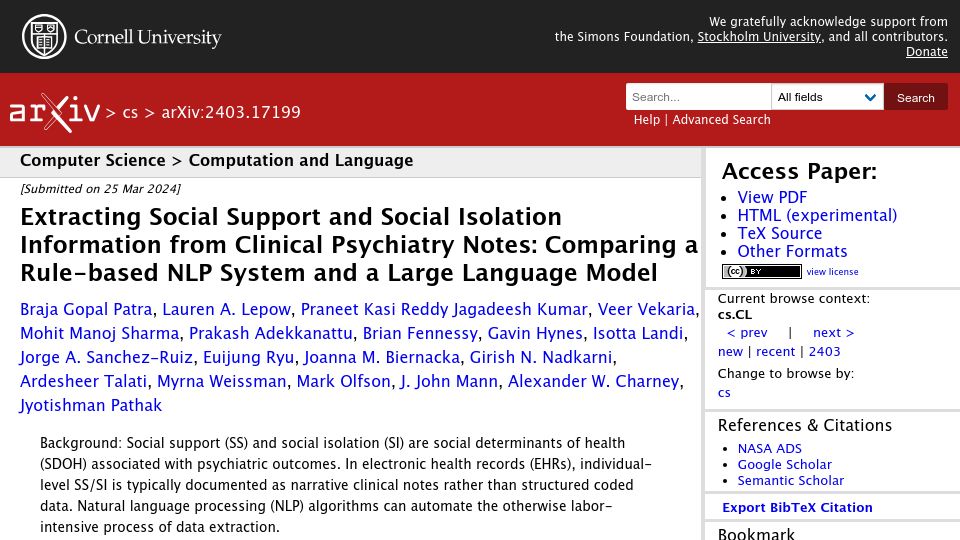 Screenshot of arxiv.org: Rule-based NLP system beats LLM for analysis of psychiatric clinical notes