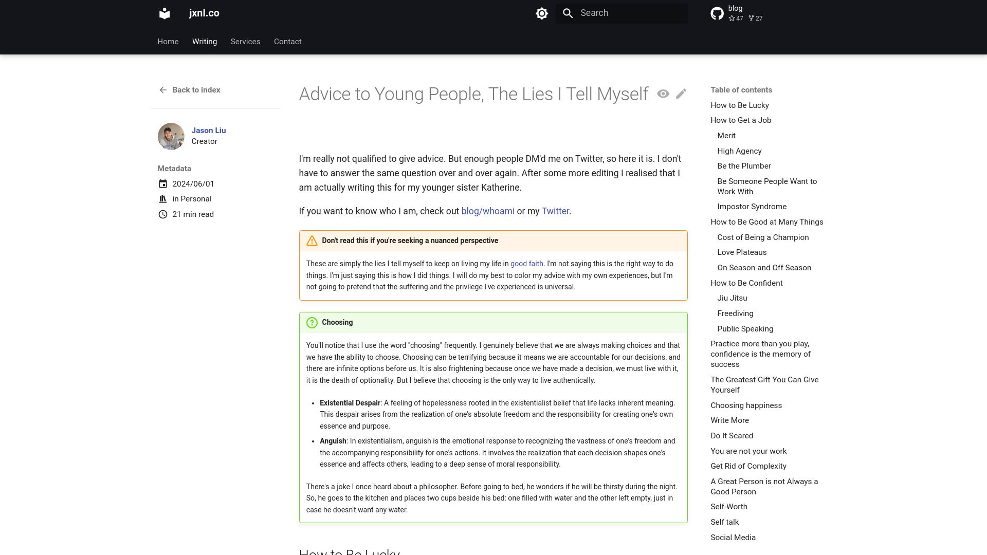 Screenshot of jxnl.co: Advice to young people, the lies I tell myself