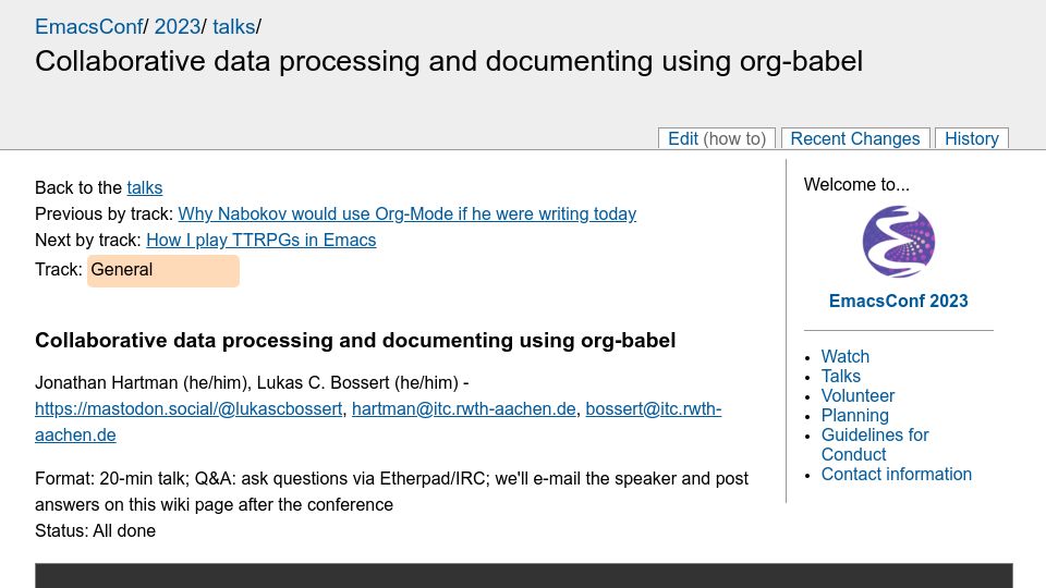 Screenshot of emacsconf.org: Collaborative data processing and documenting using org-babel