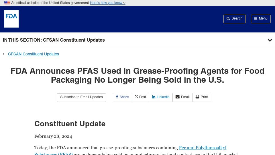 Screenshot of fda.gov: PFAS Used in Grease-Proofing Agents for Food Packaging No Longer Sold