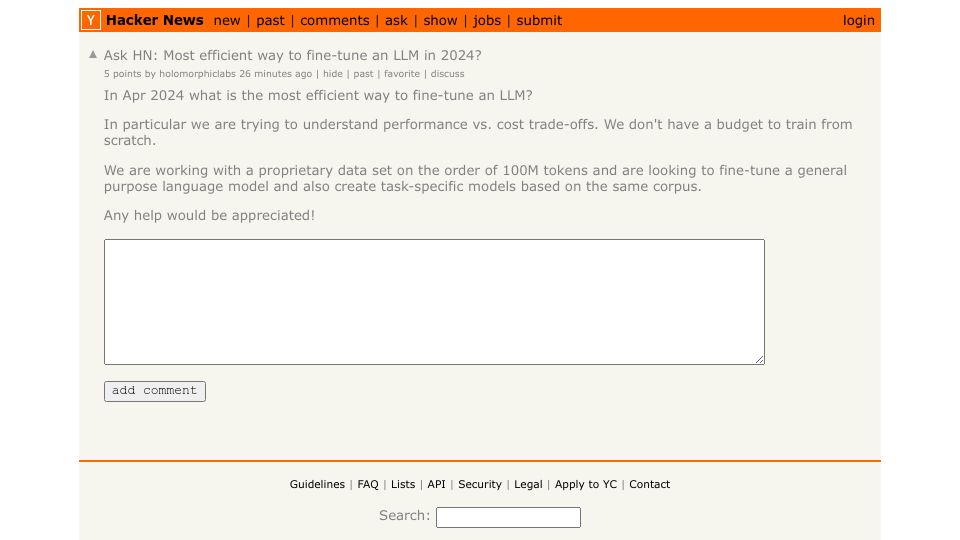 Screenshot of Hacker News post: Ask HN: Most efficient way to fine-tune an LLM in 2024?