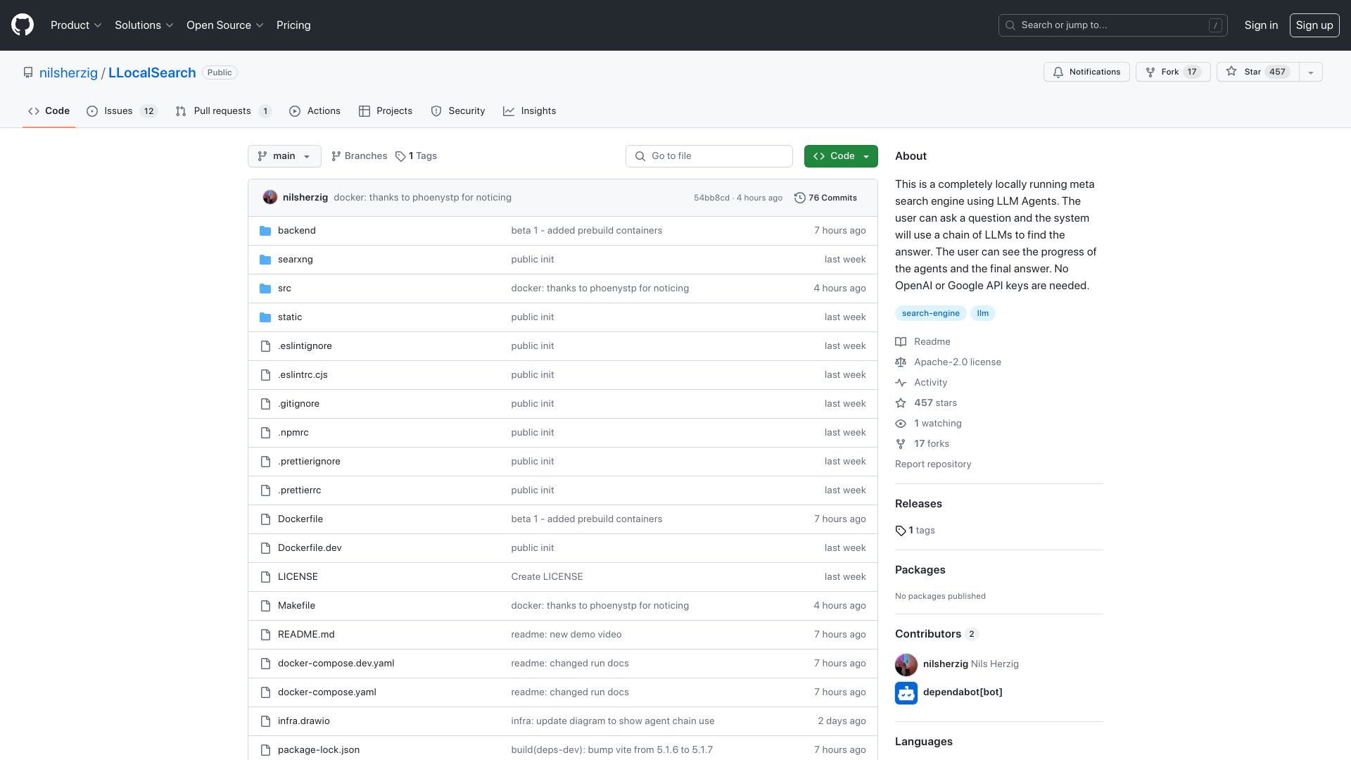 Screenshot of github.com: Show HN: I've built a locally running Perplexity clone