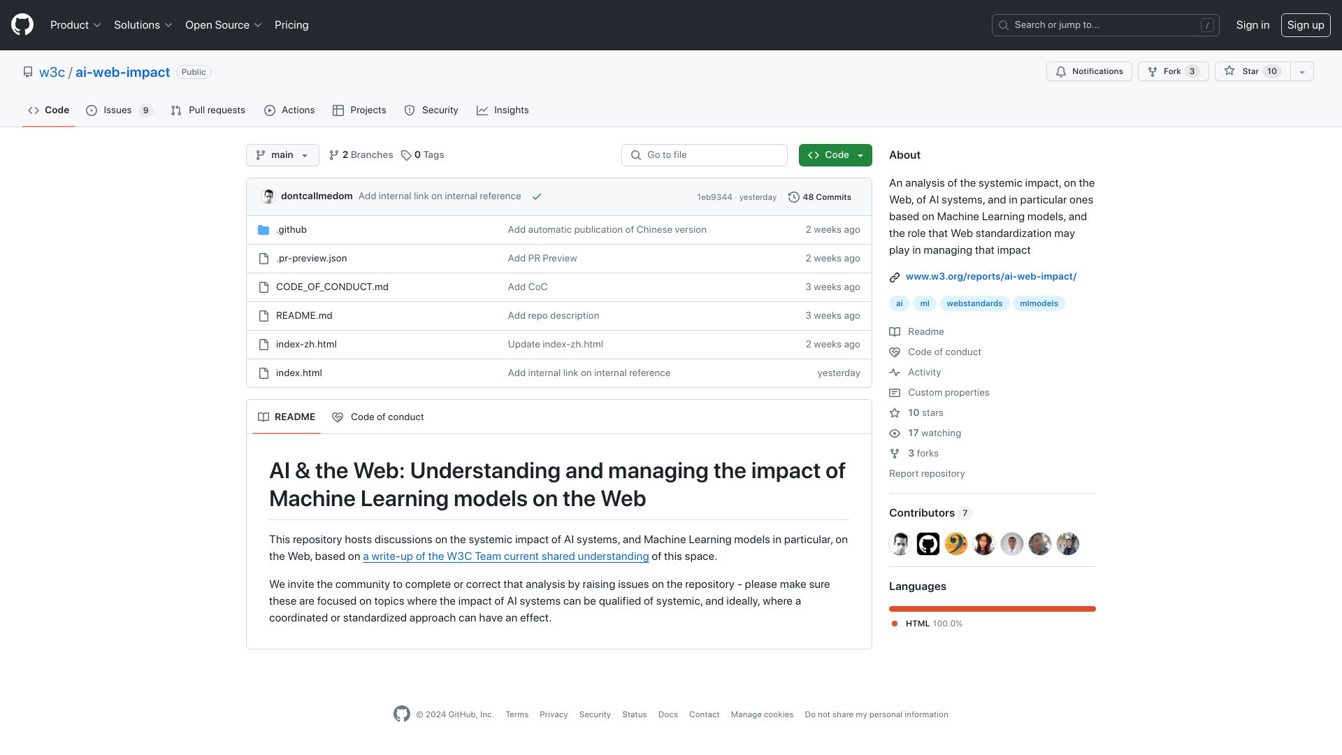 Screenshot of w3.org: Understanding and managing the impact of machine learning models on the web