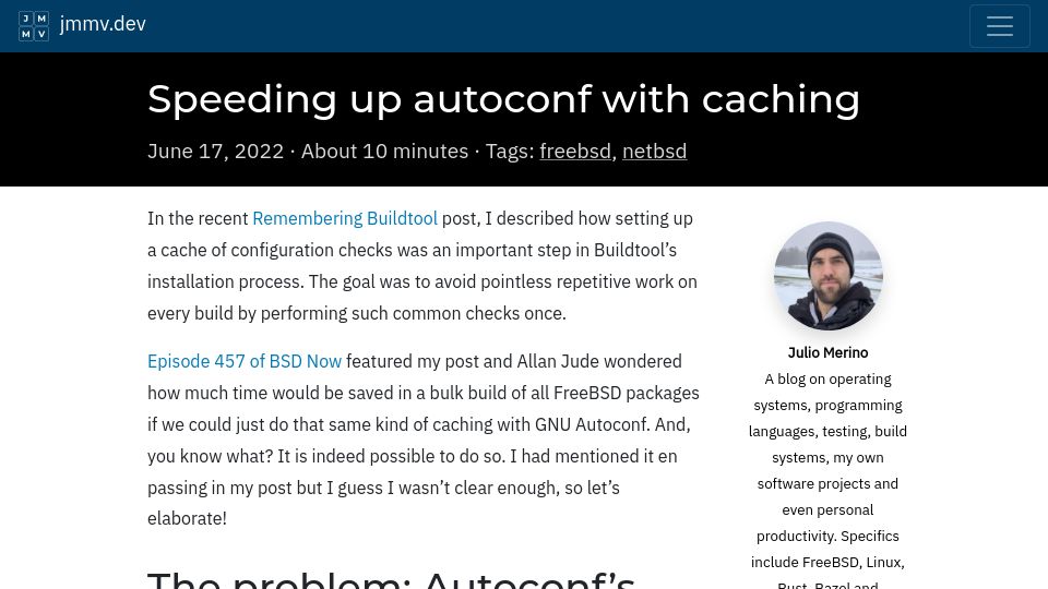 Screenshot of jmmv.dev: Speeding up autoconf with caching (2022)