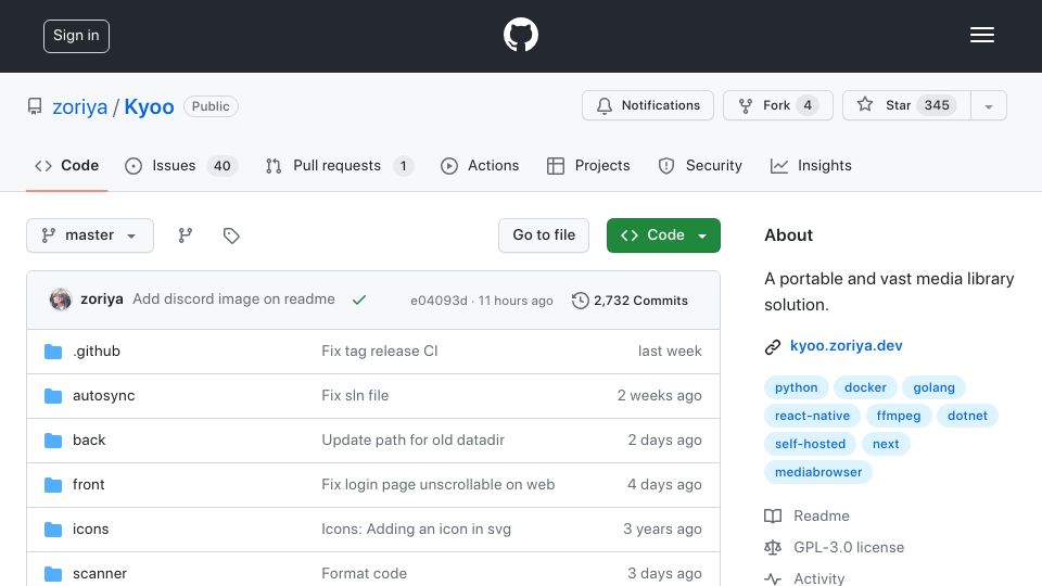 Screenshot of github.com: Show HN: Kyoo – Self-hosted media browser (Jellyfin/Plex alternative)