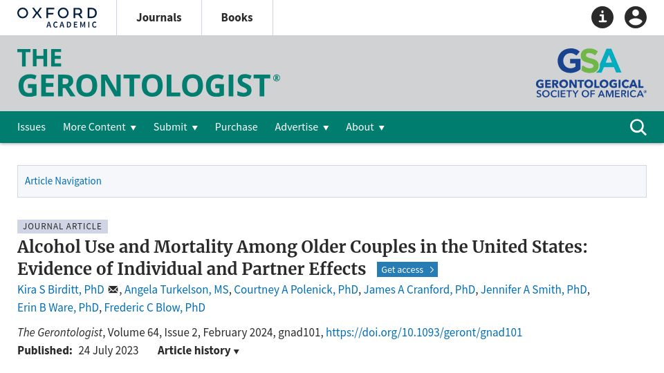 Screenshot of academic.oup.com: Alcohol Use and Mortality Among Couples in US: Individual and Partner Effects