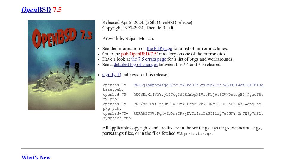 Screenshot of openbsd.org: OpenBSD 7.5