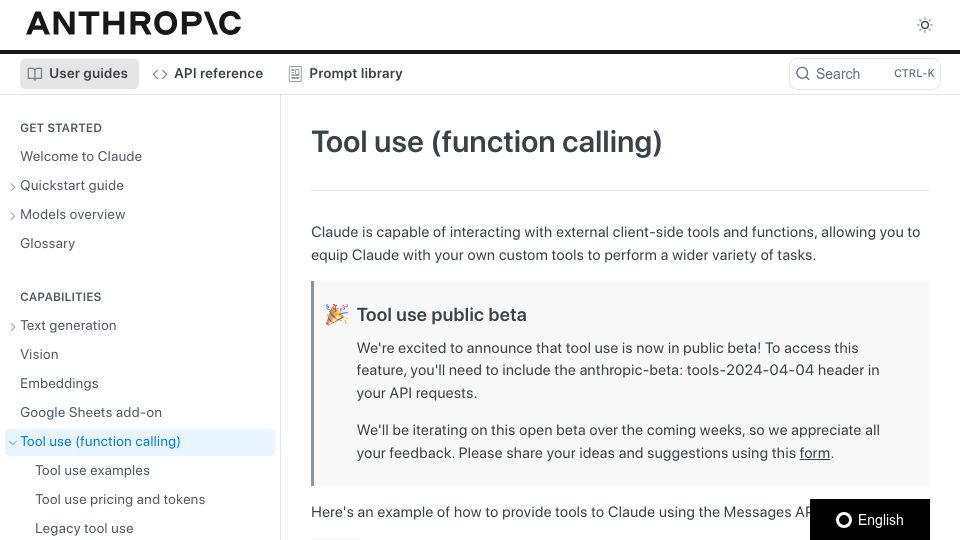Screenshot of docs.anthropic.com: Tool Use (function calling)