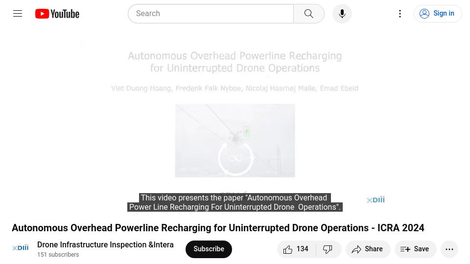 Screenshot of youtube.com: Autonomous Overhead Powerline Recharging for Uninterrupted Drone Operations [video]