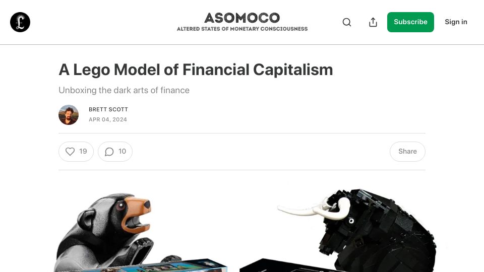 Screenshot of asomo.co: A Lego model of financial capitalism