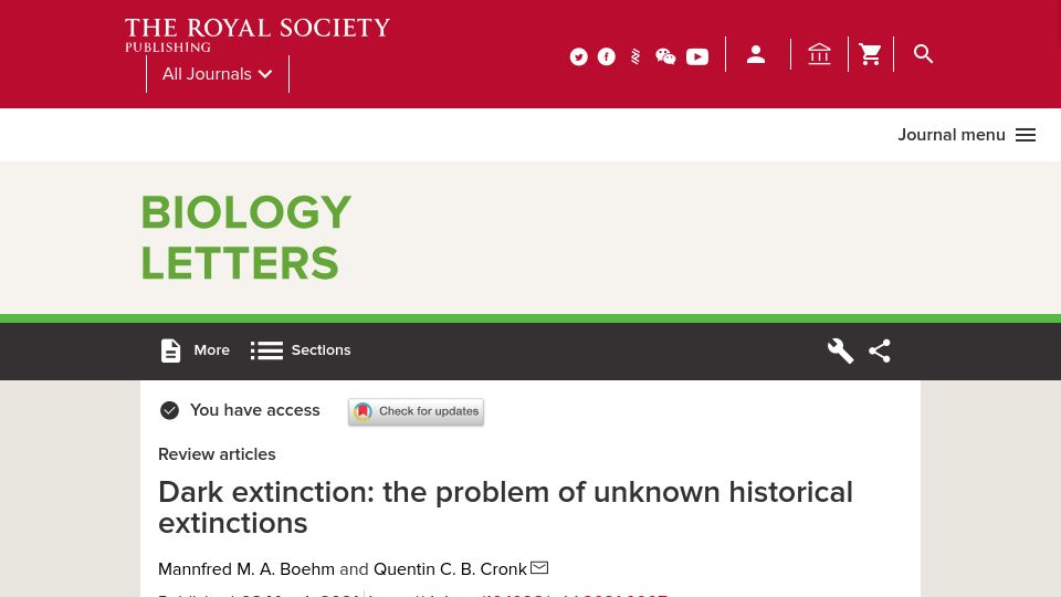 Screenshot of royalsocietypublishing.org: Dark extinction: the problem of unknown historical extinctions (2021)