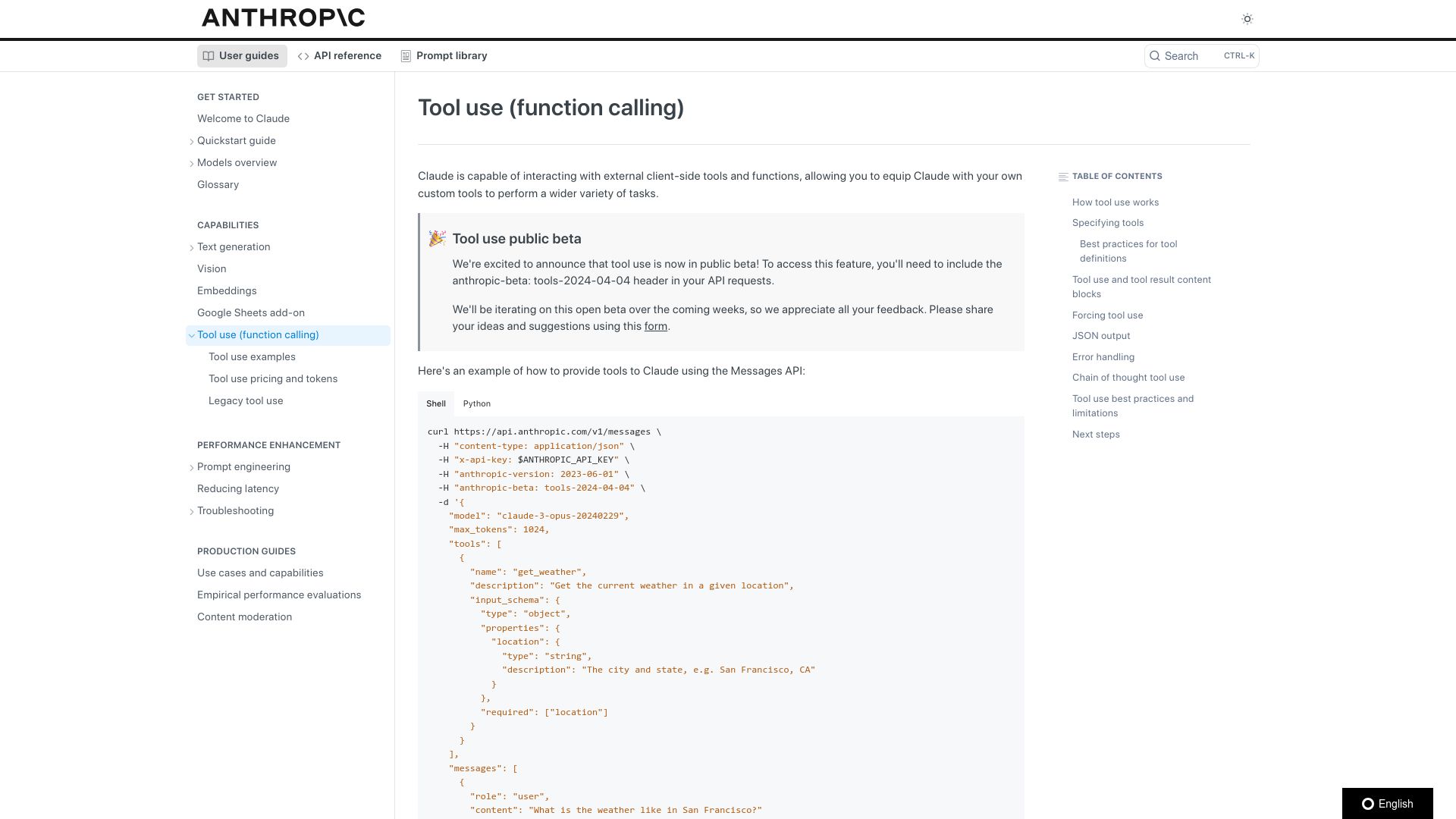 Screenshot of docs.anthropic.com: Tool Use (function calling)