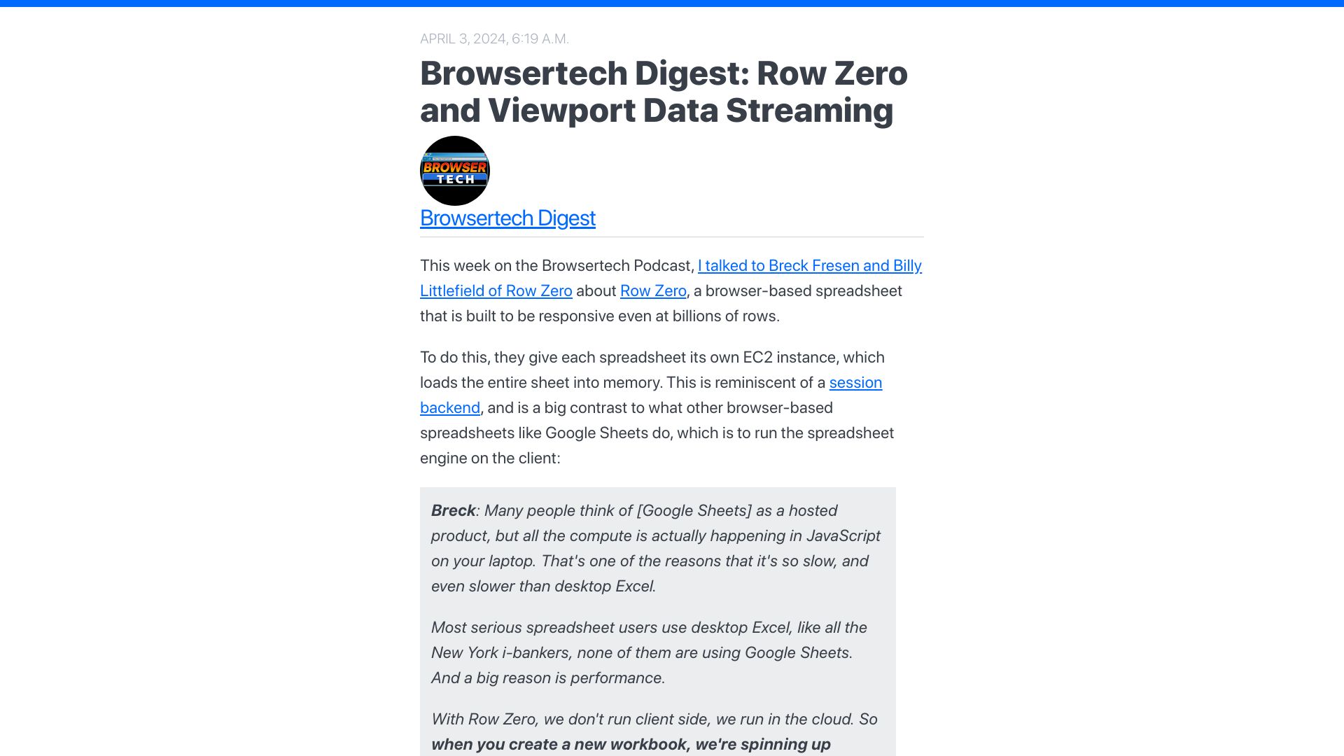 Screenshot of digest.browsertech.com: Row Zero and Viewport Data Streaming