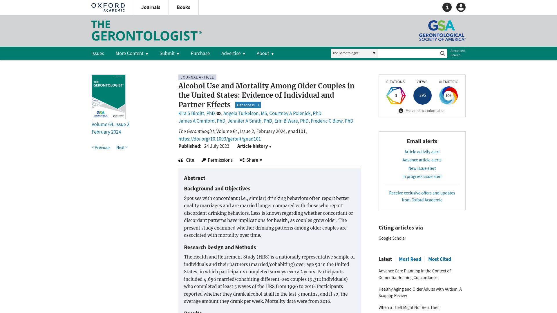 Screenshot of academic.oup.com: Alcohol Use and Mortality Among Couples in US: Individual and Partner Effects