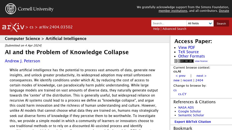 Screenshot of arxiv.org: AI and the Problem of Knowledge Collapse