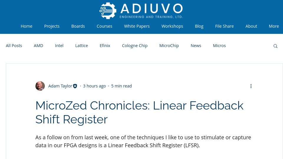 Screenshot of adiuvoengineering.com: Understanding Linear Feedback Shift Registers in FPGAs